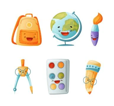 Funny stationery tools characters set. Cute backpack, globe, brush, compass tool Stock Illustration