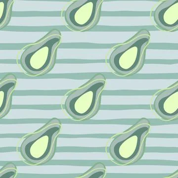 Funny style seamless pattern with simple doodle avocado ornament. Blue stripe Illustrazione stock