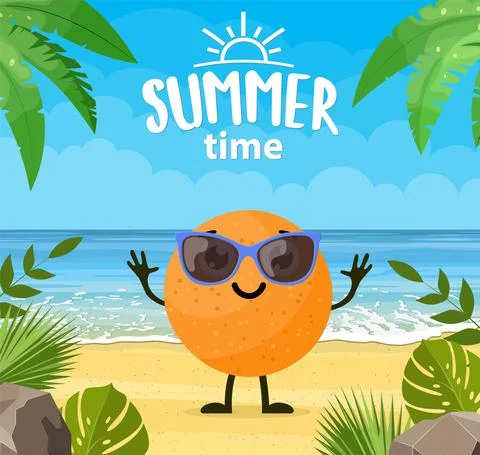 Funny summer banner with fruit characters. Stock Illustration
