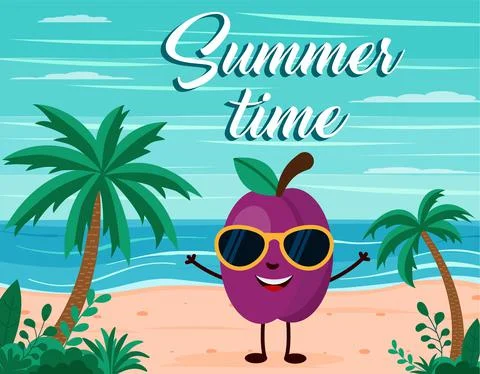 Funny summer beach background with plum fruit character. Cartoon style. Summe Stock Illustration