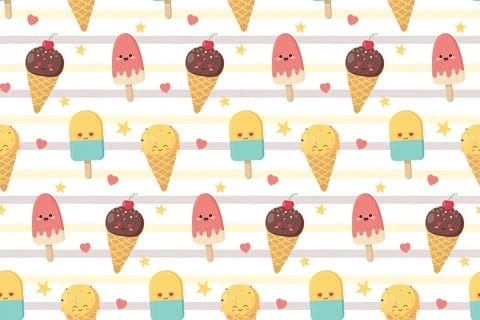 Funny summer seamless pattern background with ice cream, stars and hears. V.. Stock Illustration