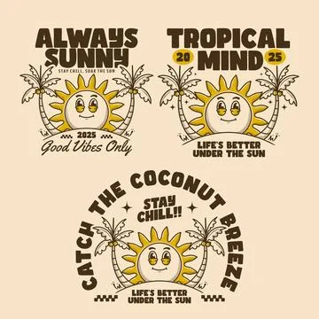 Funny Sun and Coconut Tree Illustrations for Tropical Summer Vibes Collection Stock Illustration