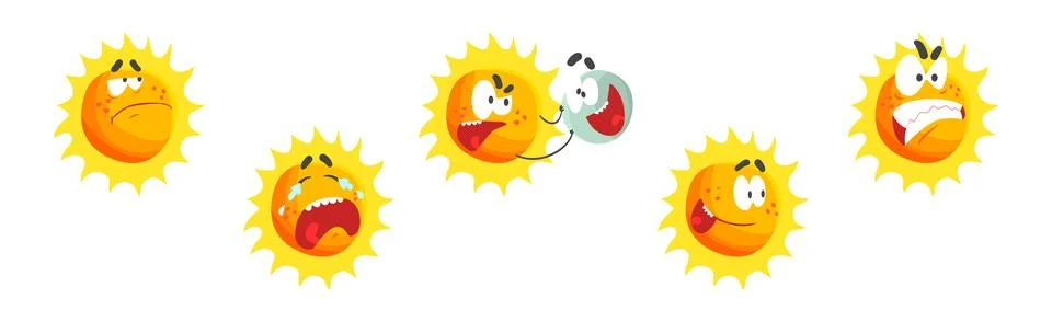 Funny Sun Character with Rays and Face Emotion Vector Set Illustrazione stock