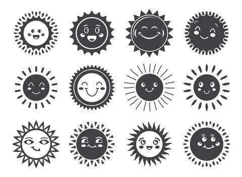 Funny sun with face icon in flat style. Summer sunshine emoji vector illust.. Illustrazione stock