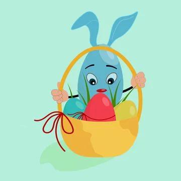 Funny surprised Easter egg with bunny ears. Cute mascot is holding a basket. Stock Illustration