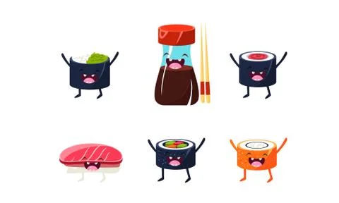 Funny sushi characters set, soy sauce, chopsticks, sushi rolls vector Stock Illustration
