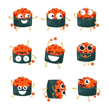 Funny sushi with red caviar - vector isolated cartoon emoticons Stock Illustration