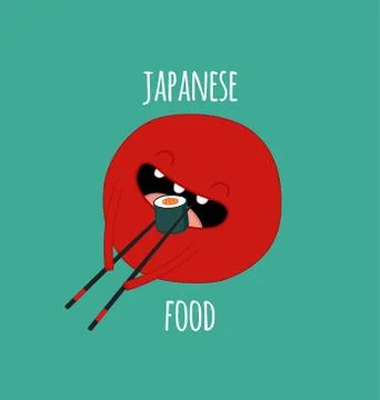 Funny sushi set. Bottle of sake, sushi, rice, soy sauce. Vector illustration. Stock Illustration