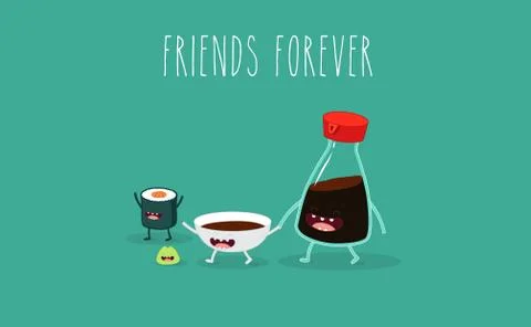 Funny sushi set. Bottle of sake, sushi, rice, soy sauce. Vector illustration. Stock Illustration