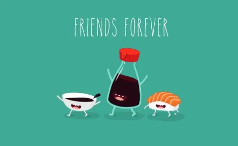 Funny sushi set. Bottle of sake, sushi, rice, soy sauce. Vector illustration. Illustrazione stock