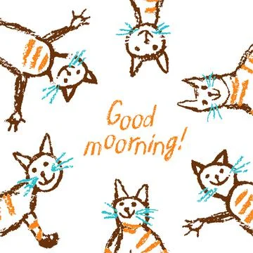 Funny tabby cat background. Moore greeting wax crayon like child`s hand drawn Stock Illustration