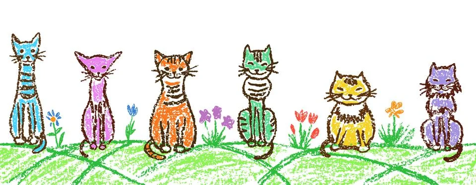Funny tabby cat set on meadow. Border background Stock Illustration