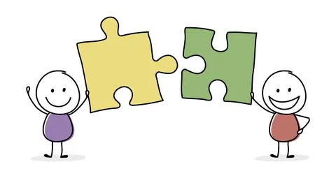 Funny teamwork concept. Stickmen with puzzle. Vector Stock Illustration