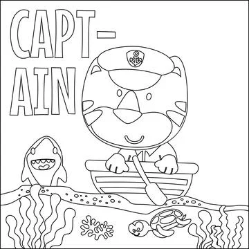 Funny tger cartoon vector on little boat with cartoon style, Stock Illustration