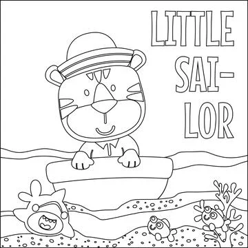 Funny tiger cartoon vector on little boat with cartoon style, Stock Illustration