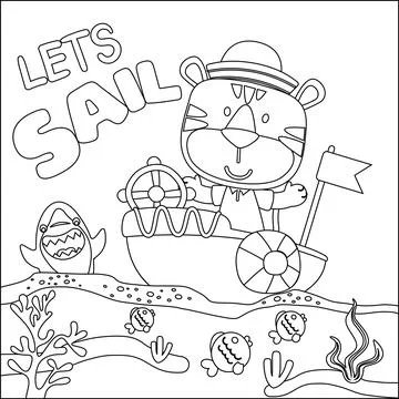 Funny tiger cartoon vector on little boat with cartoon style, Stock Illustration