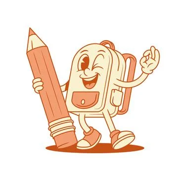 Funny tiny schoolbag backpack cartoon character with pencil isometric vector  Stock Illustration