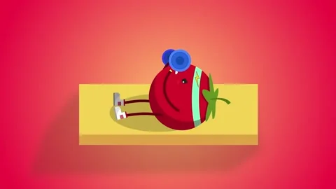Funny tomato cartoon character doing bench press workout with a barbell loop 4k Stock Footage 132815377