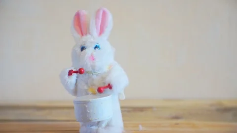 Funny toy rabbit playing the drum Stock Footage 87011137