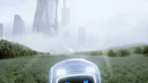 Funny toy robot in the meadow on the background of a futuristic city. Future Stockbeeldmateriaal 145930078