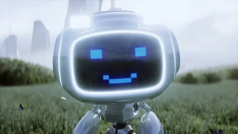 Funny toy robot in the meadow on the background of a futuristic city. Future Stock Footage 145930289