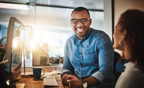 Funny, training or manager on computer for web design, startup website or Foto stock