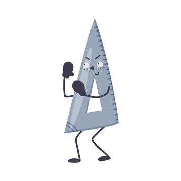 Funny Triangular Ruler as Office Supply Humanized Character with Boxing Glove Illustrazione stock