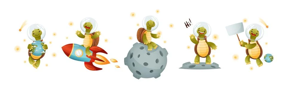 Funny Turtle Character Explore Outer Space Vector Set Stockillustratie