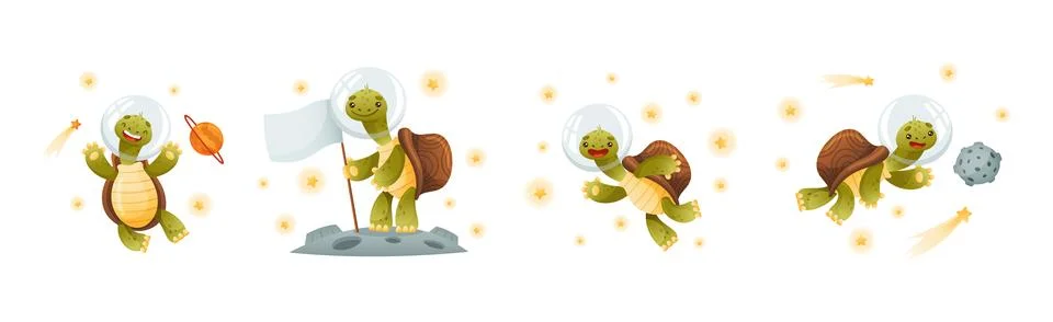 Funny Turtle Character Explore Outer Space Vector Set Illustrazione stock