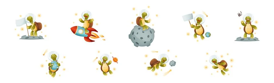Funny Turtle Character Explore Outer Space Vector Set イラスト素材