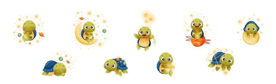 Funny Turtle Character Explore Outer Space Vector Set Stock Illustration