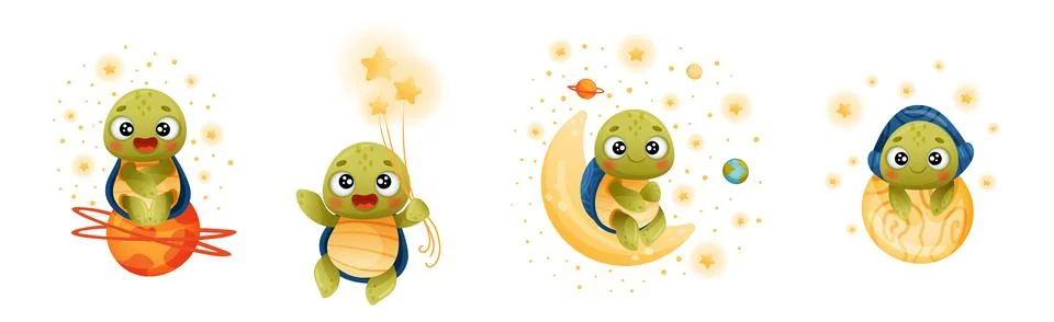 Funny Turtle Character Explore Outer Space Vector Set 스톡 일러스트