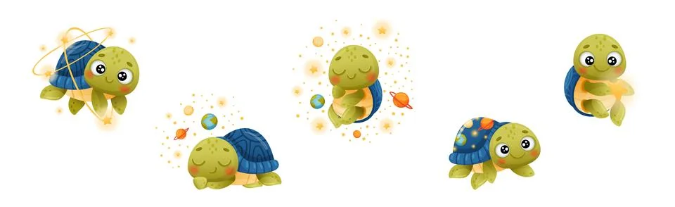 Funny Turtle Character Explore Outer Space Vector Set Stock Illustration