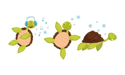 Funny Turtle Floating Underwater and Listening to Music Vector Set 스톡 일러스트