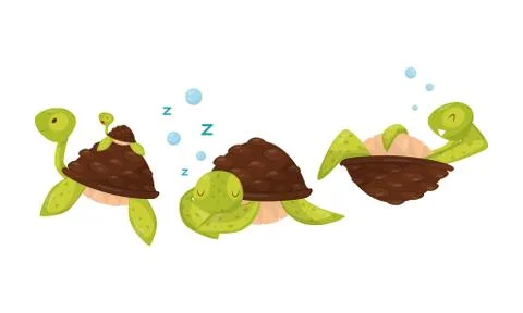 Funny Turtle Floating Underwater with Its Baby and Sleeping Vector Set Stock Illustration