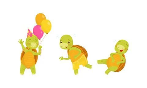 Funny Turtle or Tortoise with Shell Running and Laughing Vector Set Stock Illustration