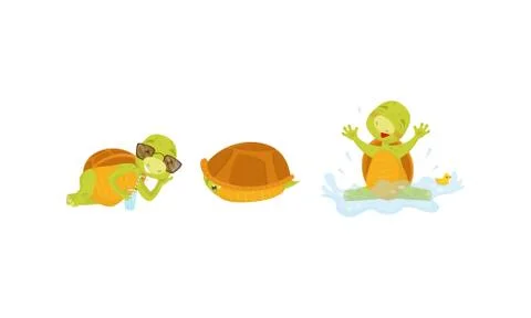 Funny Turtle or Tortoise with Shell Drinking Cocktail and Swimming Vector Set Illustrazione stock