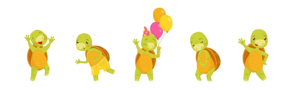 Funny Turtle or Tortoise with Shell Engaged in Different Activities Vector Set Illustrazione stock