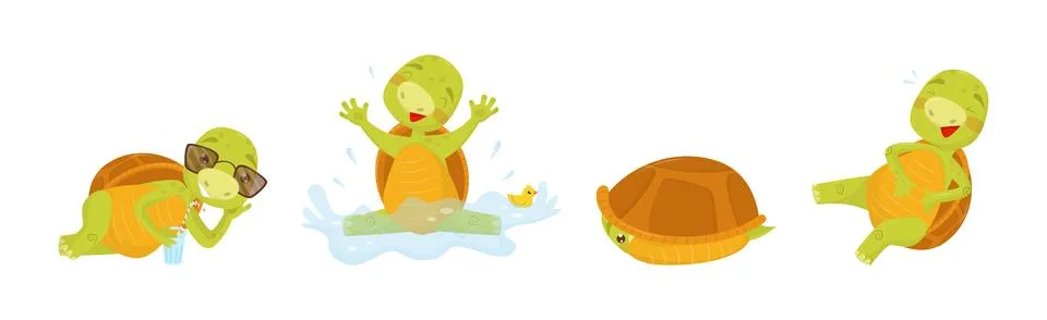 Funny Turtle or Tortoise with Shell Engaged in Different Activities Vector Set Stock Illustration