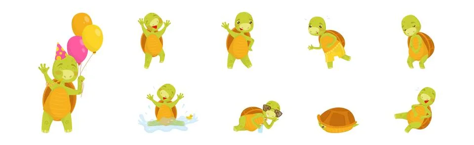 Funny Turtle or Tortoise with Shell Engaged in Different Activities Vector Set Stock Illustration
