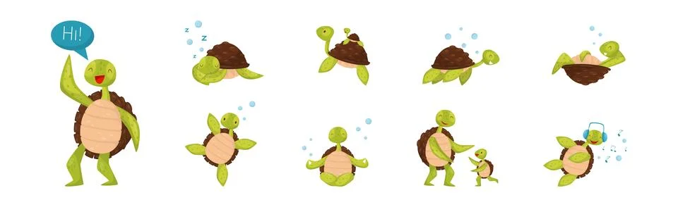 Funny Turtle or Tortoise with Shell Engaged in Different Activities Vector Set Stock Illustration