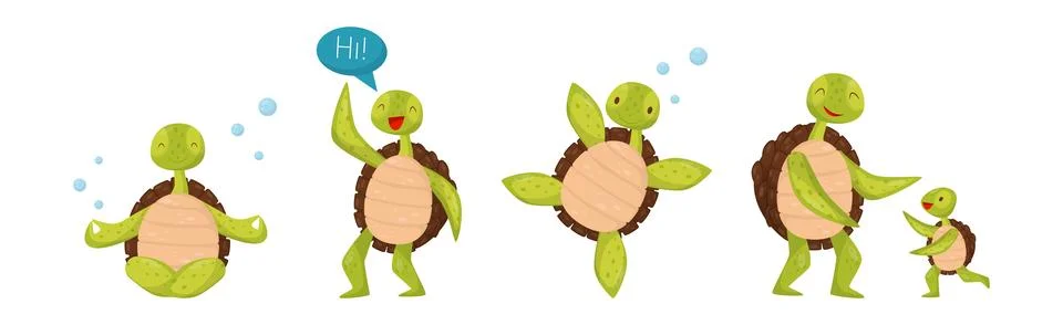 Funny Turtle or Tortoise with Shell Engaged in Different Activities Vector Set Illustrazione stock