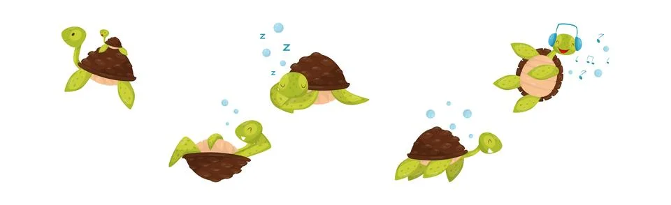 Funny Turtle or Tortoise with Shell Engaged in Different Activities Vector Set Illustrazione stock