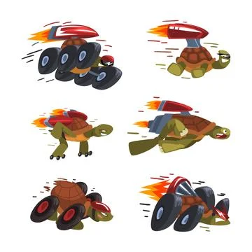 Funny Turtle Riding Fast with Rocket Booster Having Energy Moving Forward Vector Stock Illustration