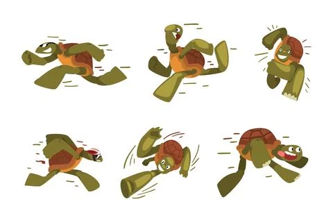 Funny Turtle Running Fast Having Energy Moving Forward Vector Set Stock Illustration