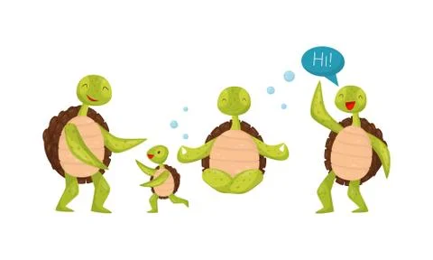 Funny Turtle Sitting in Yoga Pose and Greeting Vector Set Stock Illustration