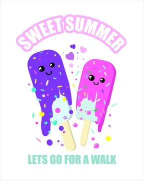 Funny two ice cream popsicles cartoon style with heart Stock Illustration
