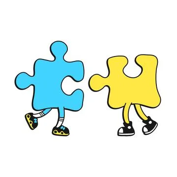 Funny two puzzle pieces. Vector cartoon doodle character illustration logo Stock Illustration
