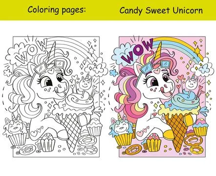 Funny unicorn eats ice cream coloring and template vector Stock Illustration