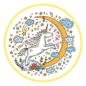 Funny unicorn flying in the sky vector doodle illustration Stock Illustration